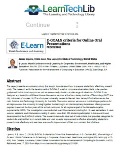 Cover page of the conference proceedings for "E-GOALS criteria for Online Oral Presentations" presented at E-Learn by James Lipuma and Cristo Leon from NJIT.