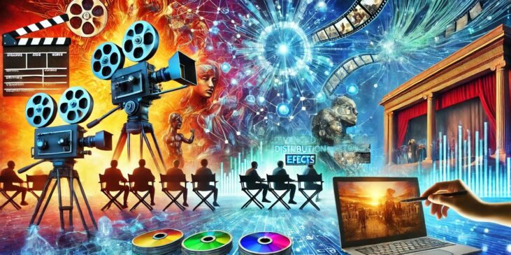 A vibrant collage showcasing the transformation of cinema through digital technology, including scenes of film production with digital cameras and editing software, digital distribution networks, advanced visual effects, and immersive viewer experiences with virtual reality headsets.