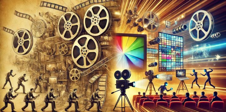 Illustration showing the evolution of cinema, with classic film elements like a film reel and vintage camera on one side, transitioning to modern digital elements like high-resolution cameras, LED walls, and virtual reality headsets on the other side.