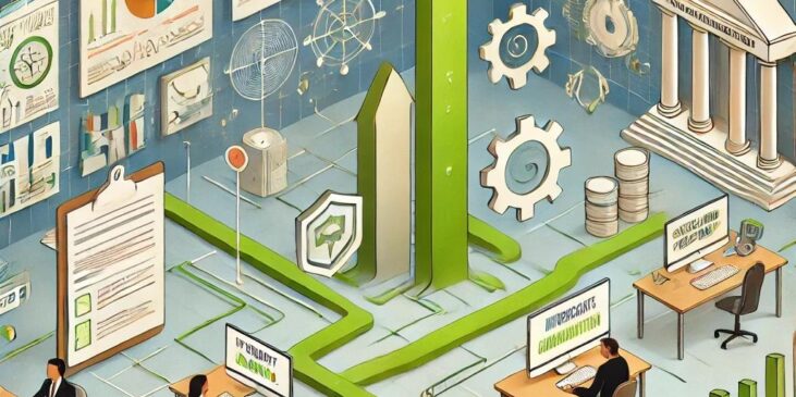 Illustration of the Uniform Grants Guidance 2024 updates featuring research administration workflows, data management, cybersecurity shields, and interconnected processes highlighting pre-award and post-award phases in a professional environment.