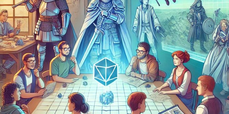 Ilustración de un grupo de jugadores de rol interactuando, con sus personajes representados visualmente en un entorno físico y virtual.