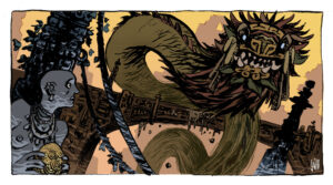 A warrior holding a golden egg gazes in awe at a large, fearsome serpent-like creature resembling Quetzalcoatl, with intricate details and feathers, set against a background of ancient ruins.