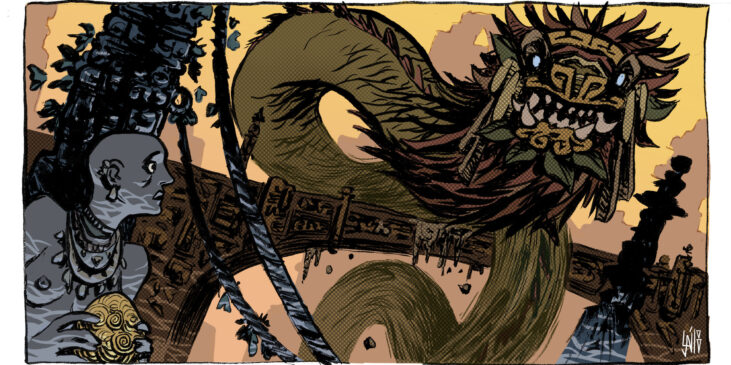 A warrior holding a golden egg gazes in awe at a large, fearsome serpent-like creature resembling Quetzalcoatl, with intricate details and feathers, set against a background of ancient ruins.