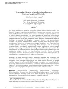 An image of the first page of a research paper titled "Overcoming Obstacles to Interdisciplinary Research: Empirical Insights and Strategies," authored by Cristo Leon and James Lipuma. It includes an abstract and keywords related to interdisciplinary research and strategies for transdisciplinary communication.