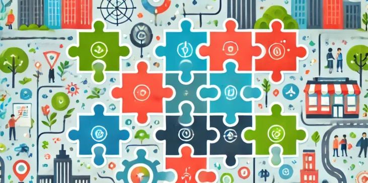 Illustration depicting interconnected systems with puzzle pieces representing elements like healthcare, education, housing, and transportation.