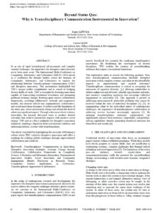 An image showing the first page of the research paper titled "Beyond Status Quo: Why is Transdisciplinary Communication Instrumental in Innovation?" by James Lipuma and Cristo Leon, published in the Journal of Systemics, Cybernetics, and Informatics, Volume 22, Number 7, Year 2024.