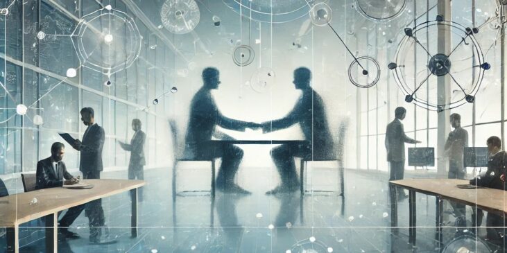 An abstract digital illustration depicting two figures engaging in professional collaboration, symbolizing teamwork and research compliance. The background features cool-toned gradients with interconnected nodes and translucent shapes, representing networked collaboration and adherence to guidelines.